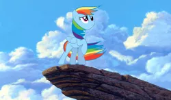 Size: 3000x1753 | Tagged: artist:szinthom, cliff, cloud, cloudy, derpibooru import, rainbow dash, rock, safe, scared, simba, sky, solo, the lion king, thinking, wind, worried