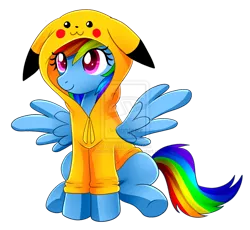 Size: 1024x942 | Tagged: safe, artist:scarlet-spectrum, derpibooru import, rainbow dash, pikachu, :3, clothes, costume, crossover, cute, dashabetes, deviantart watermark, hoodie, jacket, obtrusive watermark, pokémon, simple background, transparent background, watermark