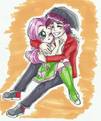 Size: 3966x4734 | Tagged: safe, artist:chibichibs, derpibooru import, fluttershy, normal norman, equestria girls, /mlp/, background human, blushing, colored, female, hug, male, normanshy, shipping, straight, traditional art