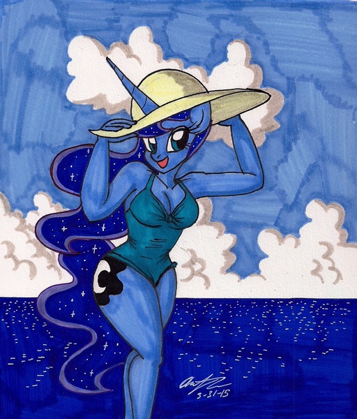 Size: 1325x1554 | Tagged: anthro, artist:newyorkx3, beach, breasts, clothes, curves, curvy, derpibooru import, female, hat, one-piece swimsuit, princess luna, sexy, solo, solo female, suggestive, sun hat, swimsuit, traditional art