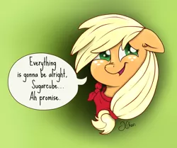 Size: 2522x2106 | Tagged: safe, artist:xchan, derpibooru import, applejack, earth pony, pony, accent, bandana, cute, female, hatless, liarjack, mare, missing accessory, pep talk, speech bubble, sugarcube