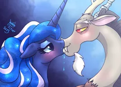 Size: 1250x900 | Tagged: suggestive, artist:joakaha, derpibooru import, discord, princess luna, alicorn, draconequus, pony, angry, angry kissing, bedroom eyes, blushing, cross-popping veins, drool, eye contact, female, floppy ears, glare, gradient background, kissing, lidded eyes, looking at each other, lunacord, male, mare, shipping, sloppy kissing, straight