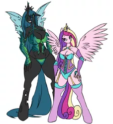 Size: 1904x2096 | Tagged: suggestive, artist:nibbinz, derpibooru import, princess cadance, queen chrysalis, anthro, blue underwear, breasts, busty princess cadance, busty queen chrysalis, cleavage, clothes, corset, duo, duo female, female, garter belt, gloves, green underwear, hips, lingerie, panties, princess, spread wings, stockings, underwear