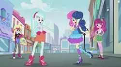 Size: 1263x696 | Tagged: safe, derpibooru import, screencap, bon bon, cheerilee, derpy hooves, lyra heartstrings, sweetie drops, equestria girls, life is a runway, alternate costumes, alternate hairstyle, canterlot city, female