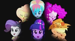 Size: 1265x691 | Tagged: safe, derpibooru import, screencap, applejack, fluttershy, pinkie pie, rainbow dash, rarity, twilight sparkle, twilight sparkle (alicorn), equestria girls, friendship through the ages, bare shoulders, bohemian rhapsody, country applejack, folk fluttershy, mane six, new wave pinkie, queen (band), rainbow punk, sgt. rarity, sleeveless, strapless