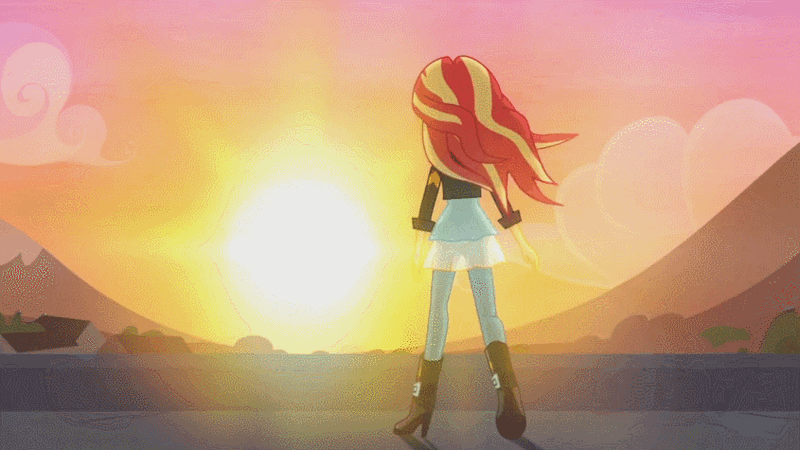 Size: 845x475 | Tagged: safe, derpibooru import, screencap, sunset shimmer, equestria girls, my past is not today, animated, badass, cloud, cloudy, crepuscular rays, mountain, parallax scrolling, solo, sunset
