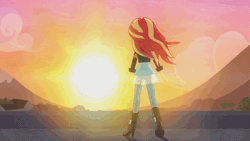 Size: 845x475 | Tagged: safe, derpibooru import, screencap, sunset shimmer, equestria girls, my past is not today, animated, badass, cloud, cloudy, crepuscular rays, mountain, parallax scrolling, solo, sunset