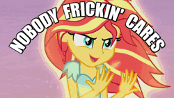 Size: 682x385 | Tagged: safe, derpibooru import, edit, edited screencap, screencap, sunset shimmer, equestria girls, my past is not today, animated, fiery wings, image macro, meme, nobody cares, reaction image, song, spoiler, sunset phoenix, text