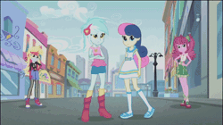 Size: 642x360 | Tagged: safe, derpibooru import, screencap, bon bon, cheerilee, derpy hooves, lyra heartstrings, rarity, sweetie drops, equestria girls, life is a runway, alternate costumes, alternate hairstyle, animated, canterlot city, clothes beam, fashion beam, transformation