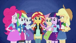 Size: 1920x1080 | Tagged: safe, derpibooru import, applejack, fluttershy, pinkie pie, rainbow dash, rarity, sunset shimmer, twilight sparkle, twilight sparkle (alicorn), equestria girls, my past is not today, humane seven, image, mane six, png