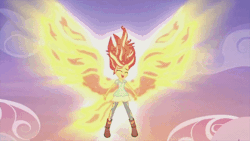 Size: 480x270 | Tagged: safe, derpibooru import, screencap, sunset shimmer, equestria girls, my past is not today, animated, fiery shimmer, fiery wings, happy, solo, sunset phoenix