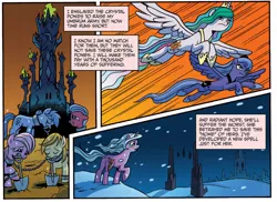 Size: 902x658 | Tagged: safe, derpibooru import, idw, princess celestia, princess luna, radiant hope, crystal pony, pony, spoiler:comic, spoiler:comicfiendshipismagic1, crystal palace, filly, s1 luna