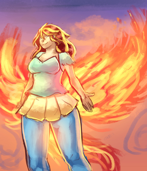 Size: 2850x3300 | Tagged: safe, artist:checkerboardazn, derpibooru import, sunset shimmer, equestria girls, my past is not today, fiery wings, humanized, solo, sunset phoenix, tailed humanization, that was fast, winged humanization