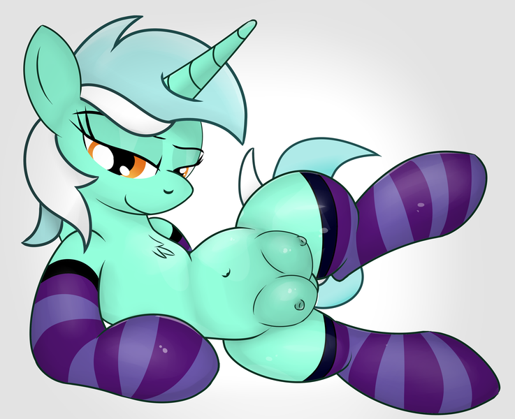 Size: 3478x2831 | Tagged: artist:monopon512, bedroom eyes, belly button, chest fluff, clothes, crotchboobs, derpibooru import, female, lyra heartstrings, nipples, nudity, questionable, smiling, socks, solo, solo female, striped socks