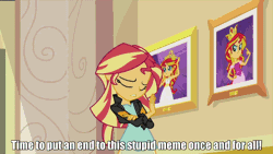 Size: 960x540 | Tagged: safe, derpibooru import, edit, edited screencap, screencap, sunset shimmer, equestria girls, my past is not today, animated, exploitable meme, image macro, into the trash it goes, meme, meta, prom queen meme