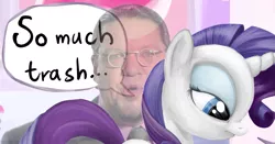 Size: 779x408 | Tagged: safe, artist:smudge proof, derpibooru import, penn jillette, rarity, human, pony, unicorn, eyeshadow, female, image, into the trash it goes, makeup, mare, meme, png