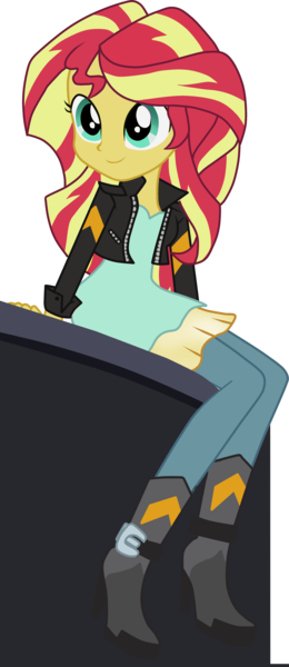 Size: 2591x5976 | Tagged: safe, artist:alejamoreno-brony, derpibooru import, sunset shimmer, equestria girls, friendship through the ages, boots, clothes, cute, dress, high heels, jacket, leggings, shimmerbetes, simple background, sitting, smiling, solo, transparent background
