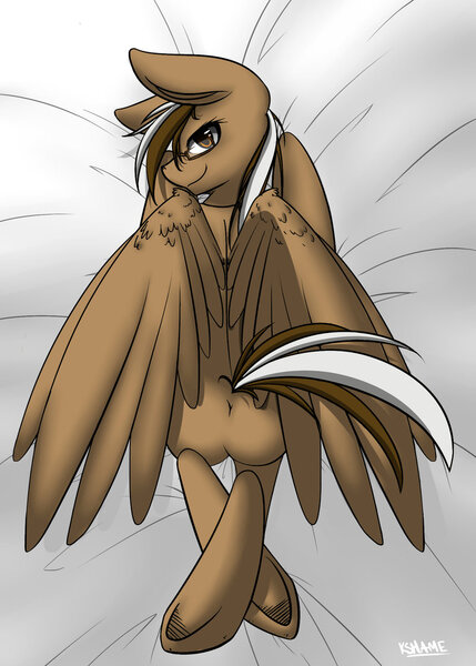 Size: 800x1120 | Tagged: suggestive, artist:kshame, derpibooru import, oc, oc:yoshi ringo, unofficial characters only, pegasus, pony, bedroom eyes, fluffy, glasses, looking at you, looking back, male, plot, sexy, smiling, solo, solo male, spread wings, stallion, underhoof