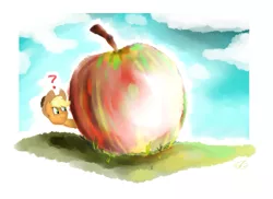 Size: 2465x1799 | Tagged: apple, applejack, artist:tat3xd, derpibooru import, giant apple, question mark, safe, solo