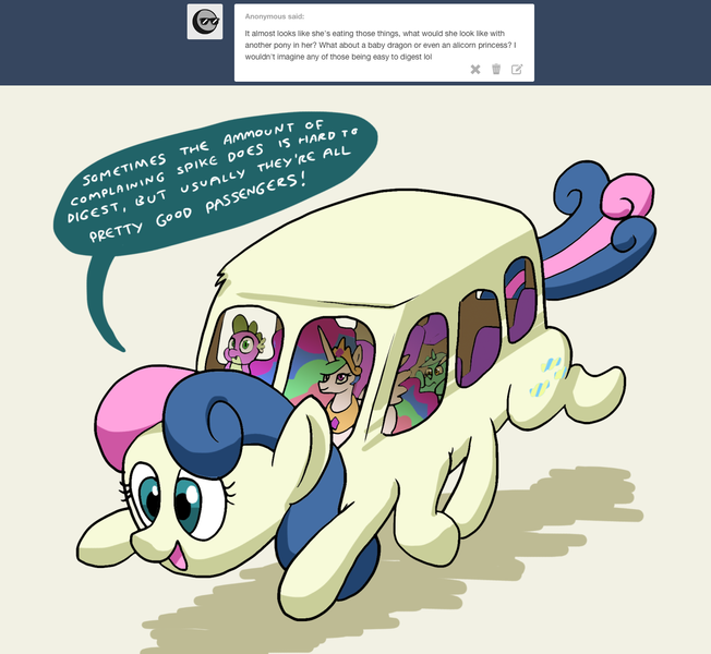 Size: 1280x1178 | Tagged: safe, artist:docwario, derpibooru import, bon bon, lyra heartstrings, princess celestia, spike, sweetie drops, pony, askblankbon, body horror, bonbonbus, bus, catbus, frown, magic school bus, my neighbor totoro, running, smiling, tumblr, wat, what has science done, wide eyes