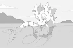 Size: 2737x1799 | Tagged: safe, artist:fandroit, derpibooru import, oc, oc:shammy, unofficial characters only, human, original species, pony, shark pony, boat, fishing, giant pony, macro, monochrome, water