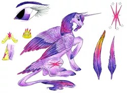 Size: 6535x4808 | Tagged: safe, artist:dawn22eagle, derpibooru import, twilight sparkle, twilight sparkle (alicorn), alicorn, classical unicorn, pony, absurd resolution, crown, cutie mark, feather, headcanon, leonine tail, tail feathers, traditional art