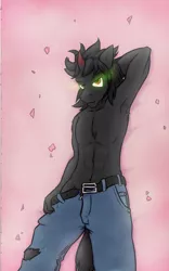 Size: 800x1280 | Tagged: anthro, armpits, artist:captainhoers, bare chest, bedroom eyes, biologically justified underarm fluff, clothes, derpibooru import, glowing eyes, handsome, jeans, king sombra, looking at you, male, muscles, pants, sexy, smiling, solo, solo male, stupid sexy sombra, suggestive, topless, torn clothes