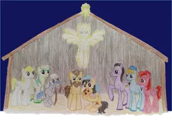 Size: 934x664 | Tagged: artist:qemma, christianity, derpibooru import, jesus christ, joseph, mary, nativity, ponified, religion, safe, shepherd, three wise men, traditional art