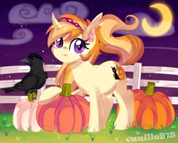 Size: 1280x1031 | Tagged: safe, artist:spookyle, derpibooru import, oc, oc:pumpkin patch, unofficial characters only, bat pony, bat pony unicorn, bird, pony, raven (bird), :t, cloud, crescent moon, curved horn, cute, ear fluff, ear tufts, fangs, farm, fence, freckles, horn, looking at you, looking back, moon, night, ocbetes, pumpkin, raised hoof, smiling, solo, stars