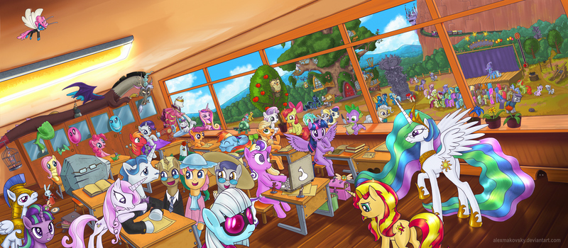 Size: 7000x3059 | Tagged: safe, artist:alexmakovsky, derpibooru import, amethyst star, angel bunny, apple bloom, applejack, big macintosh, bon bon, boulder (pet), carrot cake, chancellor puddinghead, cheerilee, clover the clever, commander hurricane, cotton cloudy, cup cake, derpy hooves, diamond tiara, discord, fancypants, fleur-de-lis, fluttershy, gilda, granny smith, gummy, hoity toity, lyra heartstrings, maud pie, mayor mare, misty fly, nightmare moon, owlowiscious, philomena, photo finish, pinkie pie, princess cadance, princess celestia, princess luna, princess platinum, private pansy, rainbow dash, rarity, rocky, roseluck, ruby pinch, scootaloo, screwball, seabreeze, silver spoon, smart cookie, smarty pants, soarin', spike, spitfire, starlight glimmer, sunset shimmer, sweetie belle, sweetie drops, tank, tom, trixie, twilight sparkle, twilight sparkle (alicorn), vinyl scratch, winona, zecora, alicorn, breezie, cockatrice, earth pony, gryphon, hummingbird, hydra, parasprite, pegasus, pony, spider, unicorn, zebra, derpibooru, the cutie map, absurd resolution, adorabon, adorabullies, adorasmith, angelbetes, apple tree, awwmethyst star, background pony, balloon, book, canterlot, carrotbetes, catapult, cheeribetes, classroom, clock, clothes, computer, cute, cute cake, cutedance, cutefire, cuteluck, cutie mark crusaders, desk, detailed, diabreezies, diamondbetes, discord balloon, discute, dress, equal cutie mark, eyes closed, female, filly, fleurabetes, floppy ears, flower, friendship express, gildadorable, glasses, glowing eyes, golden oaks library, gummybetes, hat, hearth's warming statue, laptop computer, lyrabetes, macabetes, mane seven, mane six, mannequin, mare, maudabetes, moonabetes, mouse hole, mouth hold, multiple heads, party hat, photaww finish, pinchybetes, plot, raised hoof, royal guard, s5 starlight, satchel, school, sewing, sewing machine, silverbetes, sitting, sleeping, smiling, soarinbetes, spread wings, stage, statue, sunglasses, tankabetes, teacher, train, tree, vinylbetes, wall of tags, winonabetes, wonderbolts, zecorable