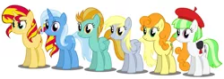 Size: 1097x390 | Tagged: artist needed, safe, derpibooru import, carrot top, derpy hooves, drama letter, golden harvest, lightning dust, sunset shimmer, trixie, watermelody, pony, equestria girls, alternate mane six, background human, simple background, standing, underp, vector, white background