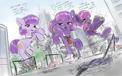 Size: 1312x823 | Tagged: safe, artist:alloyrabbit, derpibooru import, idw, excel (character), outlook (character), powerpoint (character), pony, spoiler:comic, spoiler:comicff15, bus, car, city, cityscape, crushed, crushed vehicle, destruction, giant pony, giant/macro earth pony, macro, mistake a bus for a building, skyscraper, truck, van