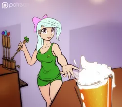 Size: 1280x1121 | Tagged: safe, artist:scorpdk, derpibooru import, flitter, human, alcohol, bar, beer, bow, cleavage, clothes, clover, explicit source, female, hair bow, humanized, ireland, looking at you, open mouth, saint patrick's day, shorts, smiling, solo, tanktop