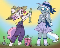 Size: 1100x886 | Tagged: safe, artist:kaemantis, derpibooru import, silver spoon, sweetie belle, anthro, beetle, caterpillar, earthworm, frog, mantis, mouse, spider, unguligrade anthro, worm, bucket, clothes, cute, diasweetes, dirty, dress, floppy ears, frown, glasses, grasshopper, happy, hat, heart, image, jpeg, open mouth, overalls, scared, smiling, spade, trowel, wide eyes, younger