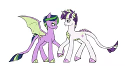 Size: 2867x1514 | Tagged: artist:pikokko, derpibooru import, dracony, holding hooves, hybrid, implied incest, interdimensional siblings, interspecies offspring, oc, oc:jade, oc:prince supernova, offspring, parent:spike, parents:twispike, parent:twilight sparkle, safe, simple background, unofficial characters only, white background