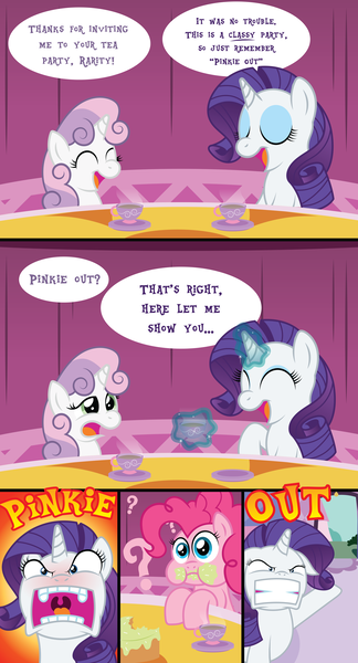 Size: 2550x4717 | Tagged: artist:t-3000, comic, derpibooru import, edit, messy eating, pinkie pie, pun, rarity, red face, safe, sweetie belle, tea party, uvula