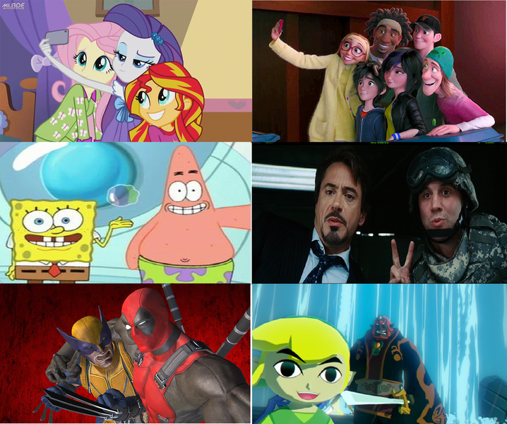 Size: 1024x856 | Tagged: safe, derpibooru import, screencap, fluttershy, honey lemon, rarity, sunset shimmer, equestria girls, rainbow rocks, atlantis squarepantis, big hero 6, but first let me take a selfie, comparison, deadpool, fred, game grumps, ganondorf, gogo tomago, hiro hamada, image, iron man, link, marvel, patrick star, png, selfie, spongebob squarepants, spongebob squarepants (character), tadashi hamada, the legend of zelda, the legend of zelda: the wind waker, tony stark, toon link, wasabi, wolverine, x-men