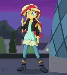 Size: 5653x6341 | Tagged: safe, artist:thebrokencog, derpibooru import, sunset shimmer, equestria girls, my past is not today, rainbow rocks, absurd resolution, boots, canterlot high, clothes, high heel boots, high heels, rooftop, shoes, solo