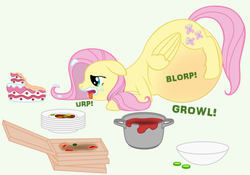 Size: 2000x1400 | Tagged: questionable, artist:superninja, derpibooru import, fluttershy, belly, burp, cake, circle tool, fat, fattershy, messy eating, pizza box, solo, stomach noise, stuffed, tongue out