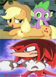 Size: 1276x1740 | Tagged: safe, derpibooru import, screencap, applejack, spike, dragon, pony, applespike, caption, copy and paste, crossover, female, image macro, knuckles the echidna, male, meme, shipping, sonic the hedgehog (series), straight