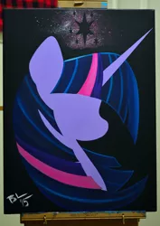 Size: 2282x3227 | Tagged: acrylic painting, artist:shyredd, canvas, commission, cutie mark, derpibooru import, minimalist, outline, paint, paintbrush, painting, safe, solo, splatterpaint, stylized cartoon horse, traditional art, twilight sparkle