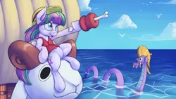 Size: 2880x1620 | Tagged: safe, artist:asai-gomen, derpibooru import, blossomforth, steven magnet, blossomforth is best pony, crossover, going merry, meat, monkey d luffy, one piece, pirate, sea king