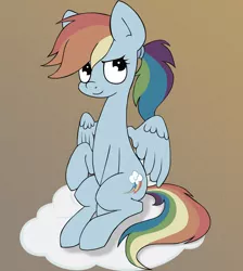 Size: 1600x1784 | Tagged: safe, artist:coinpo, artist:yoditax, derpibooru import, rainbow dash, pegasus, pony, alternate hairstyle, backwards cutie mark, cloud, filter, looking up, old photo, on a cloud, ponytail, raised hoof, sitting, smiling, solo, spread wings