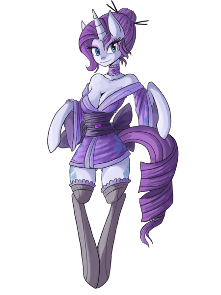 Size: 1200x1600 | Tagged: alternate hairstyle, anthro, arm hooves, artist:raptor007, both cutie marks, breasts, cleavage, derpibooru import, female, kimono minidress, minidress, rarity, solo, solo female, suggestive, underass