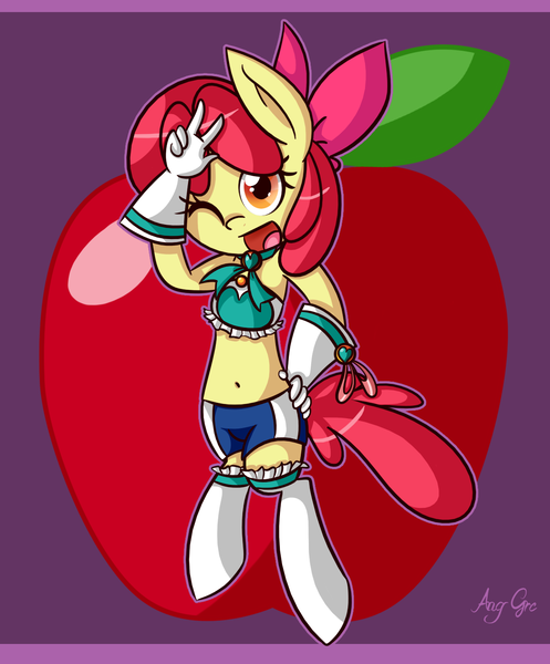 Size: 1181x1425 | Tagged: anthro, apple bloom, apple bloomers, artist:anggrc, belly button, derpibooru import, midriff, peace sign, safe, sailor moon, solo, wink