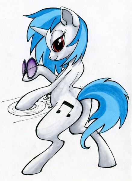 Size: 934x1280 | Tagged: artist:ihmislehma, dancing, derpibooru import, looking at you, safe, smiling, solo, traditional art, turntable, vinyl scratch, wub