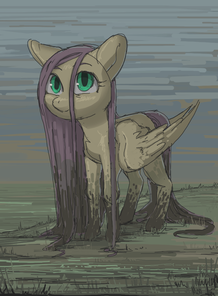 Size: 600x813 | Tagged: artist:moo, derpibooru import, fluttershy, mud, safe, smiling