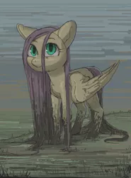 Size: 600x813 | Tagged: artist:moo, derpibooru import, fluttershy, mud, safe, smiling