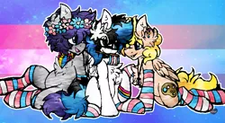Size: 1181x646 | Tagged: safe, artist:iroxykun, derpibooru import, oc, oc:frozen soul, oc:palette, oc:sweater weather, unofficial characters only, pegasus, pony, clothes, cutie mark, demisexual, demisexual pride flag, flag, male, ot3, pansexual, pansexual pride flag, pride, socks, striped socks, transgender, transgender pride flag, wings