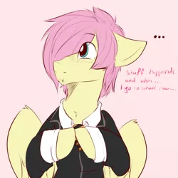 Size: 1200x1200 | Tagged: artist:rainbowscreen, ask the gaylord, butterscotch, clothes, derpibooru import, fluttershy, rule 63, safe, solo